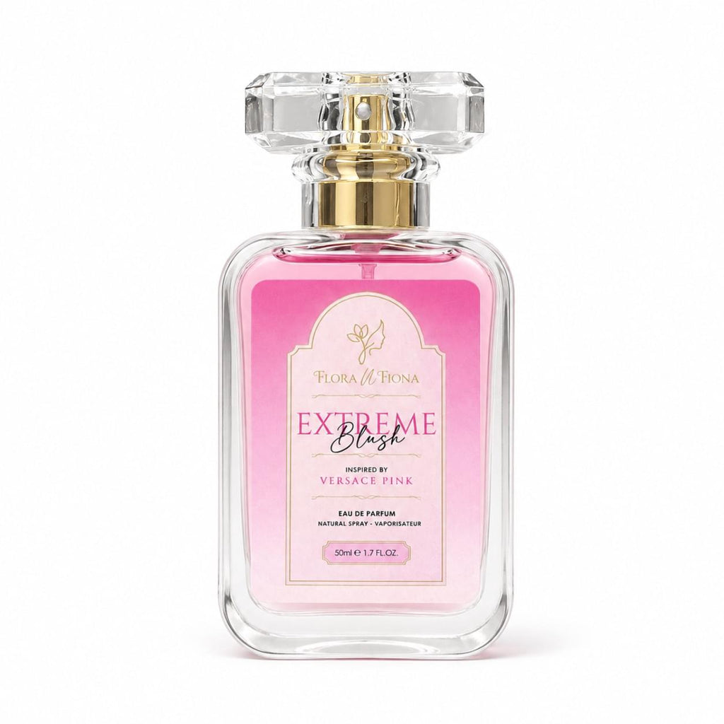 Flora N Fiona Extreme Blush inspired by Versace Pink perfume bottle on white background