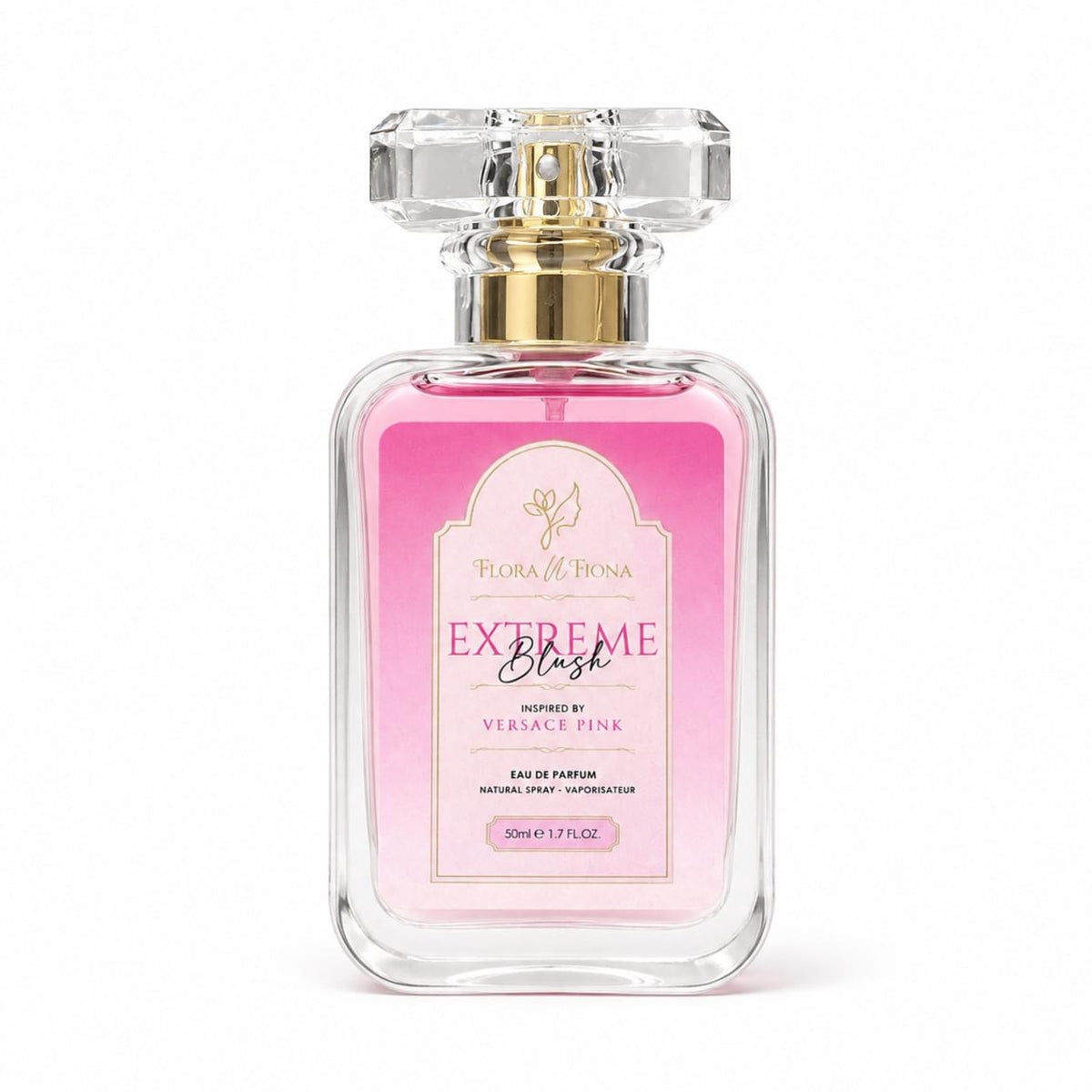 Flora N Fiona Extreme Blush inspired by Versace Pink perfume bottle on white background